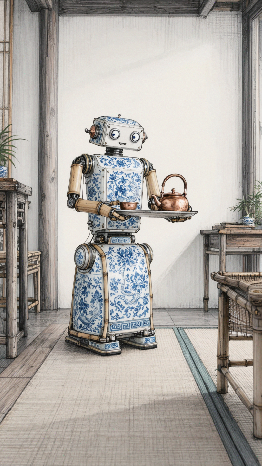 蓝瓷茶机器人 · 钢笔线描 — AI image creation