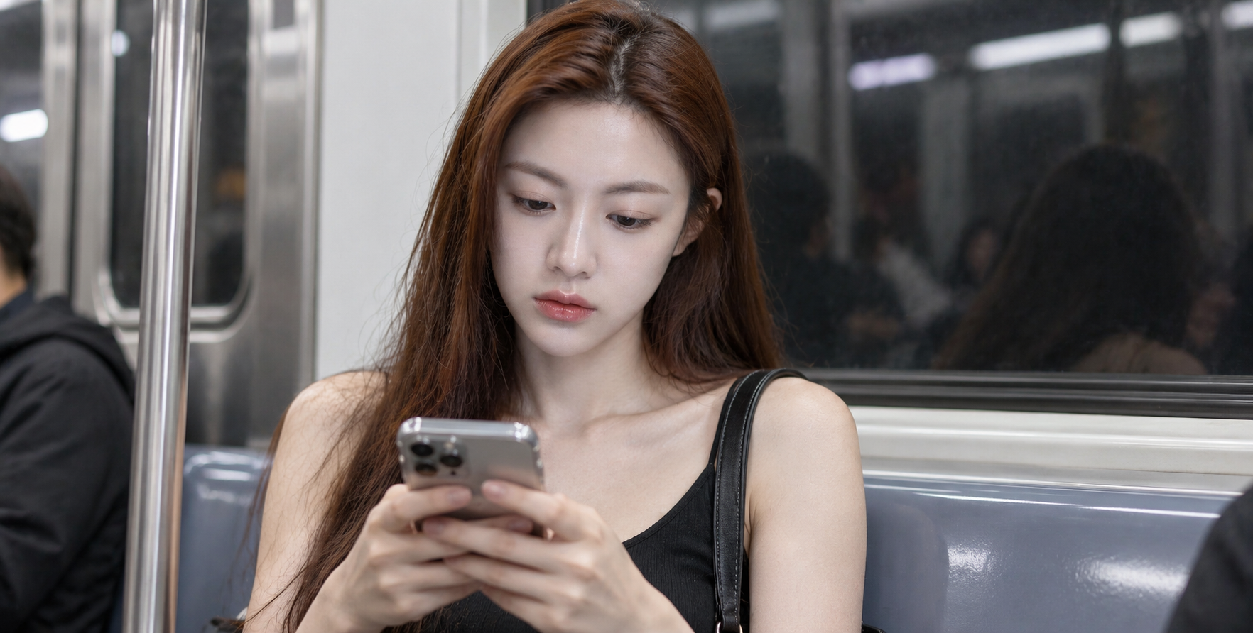 地铁里看手机的成年女性抓拍