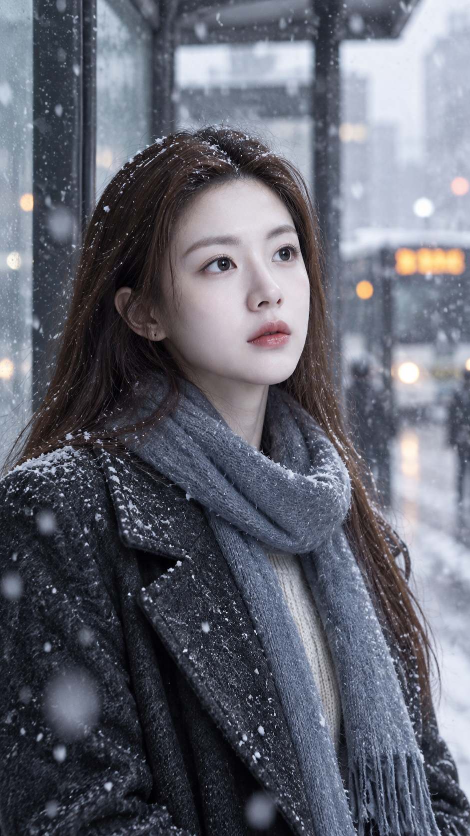 冬季都市站台飘雪电影感人像 — AI image creation
