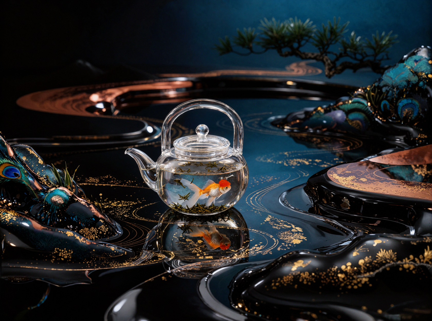Goldfish Glass Teapot · Black Gold Lacquer Art