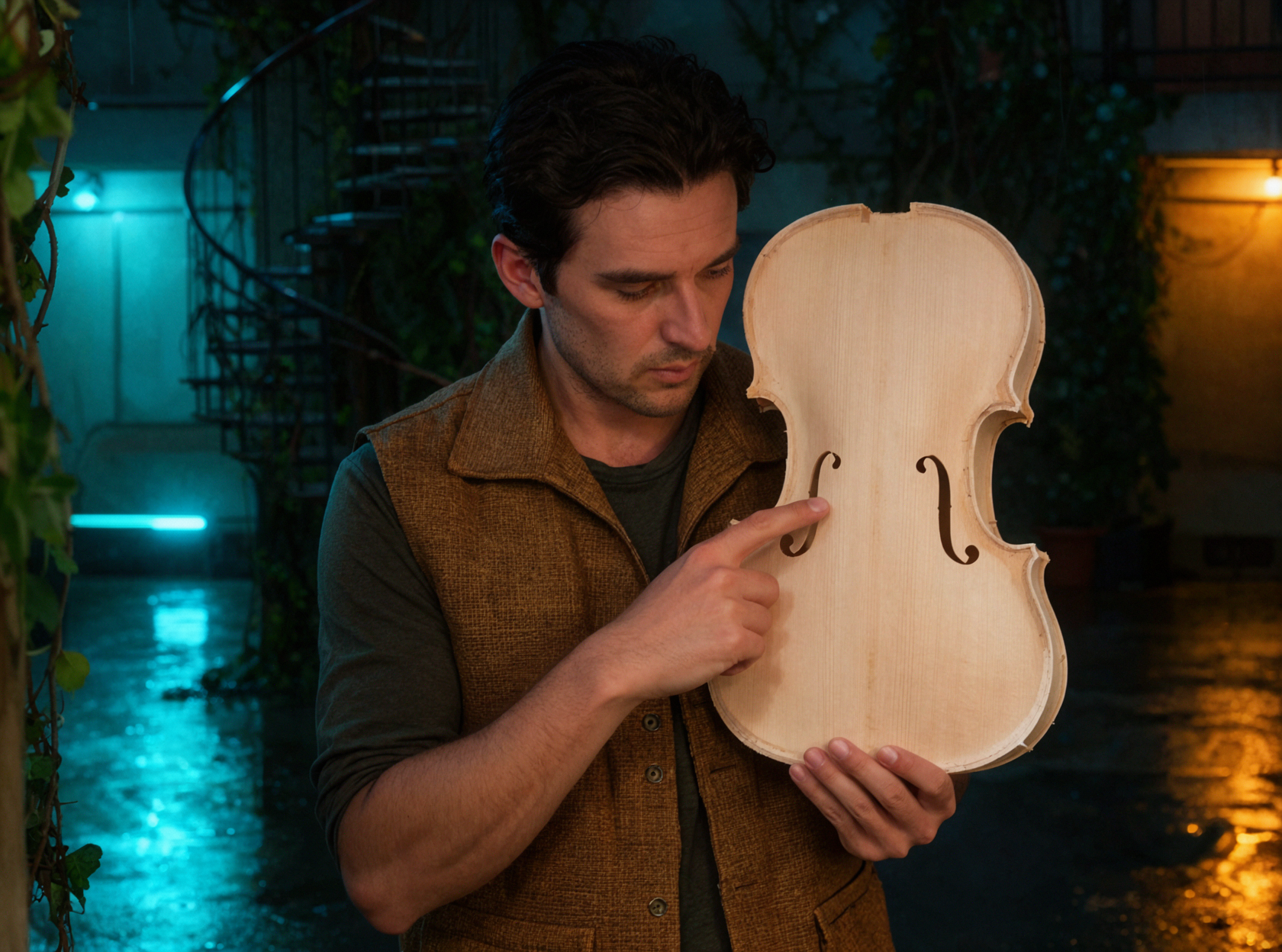 Adult European Male Luthier · Hearing the Wood Grain · Rainy Night Neon
