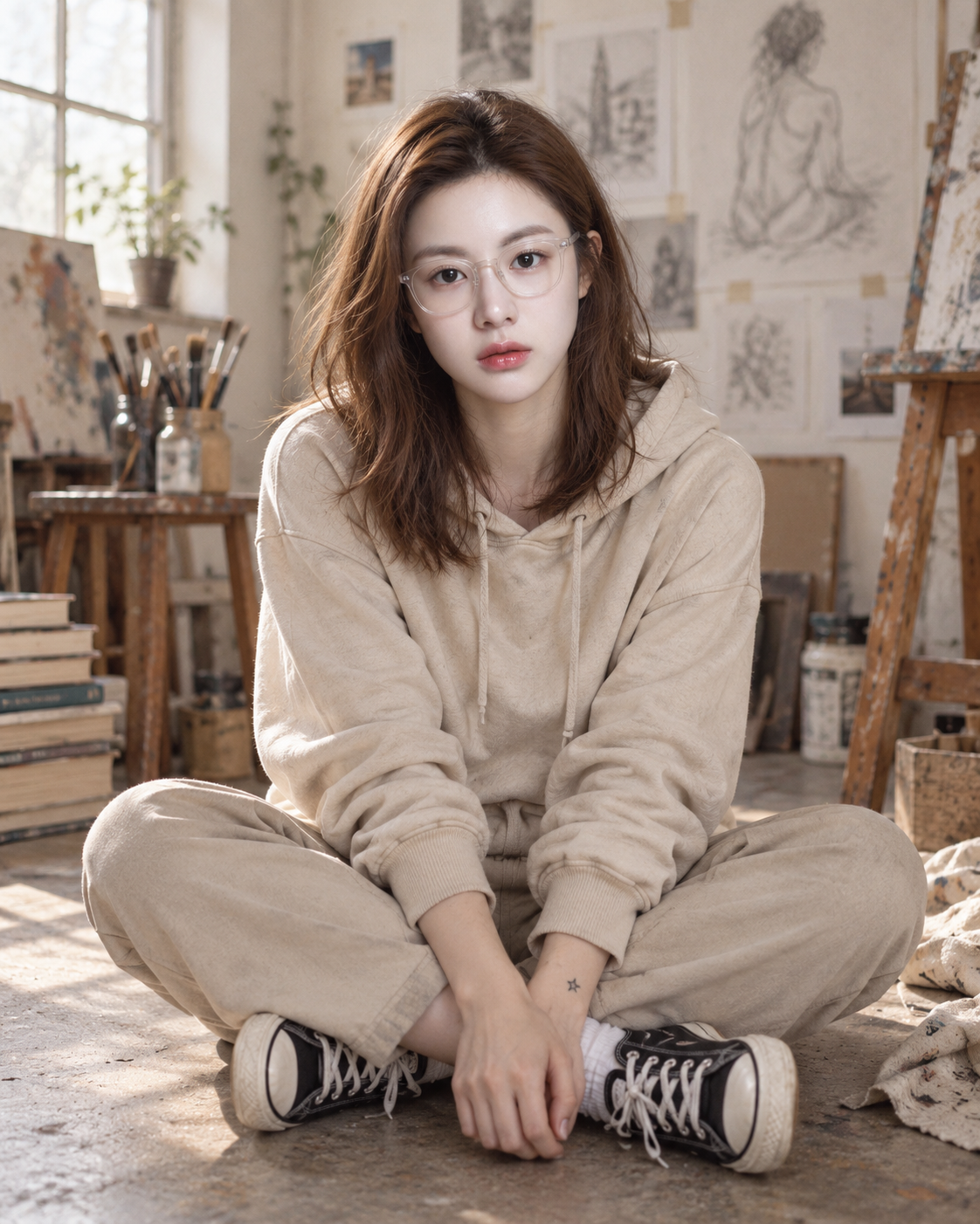 午后画室里慵懒随性的文艺成年女性 — AI image creation