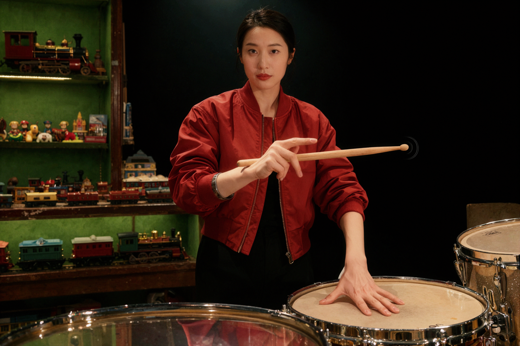 大人の東アジア人女性ドラマー・スティック回し・舞台スポットライト