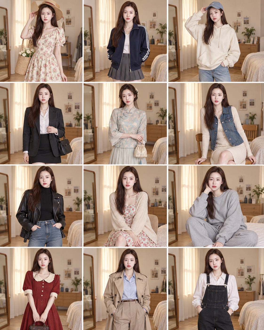 成年女性十二套日常穿搭造型板 — AI image creation