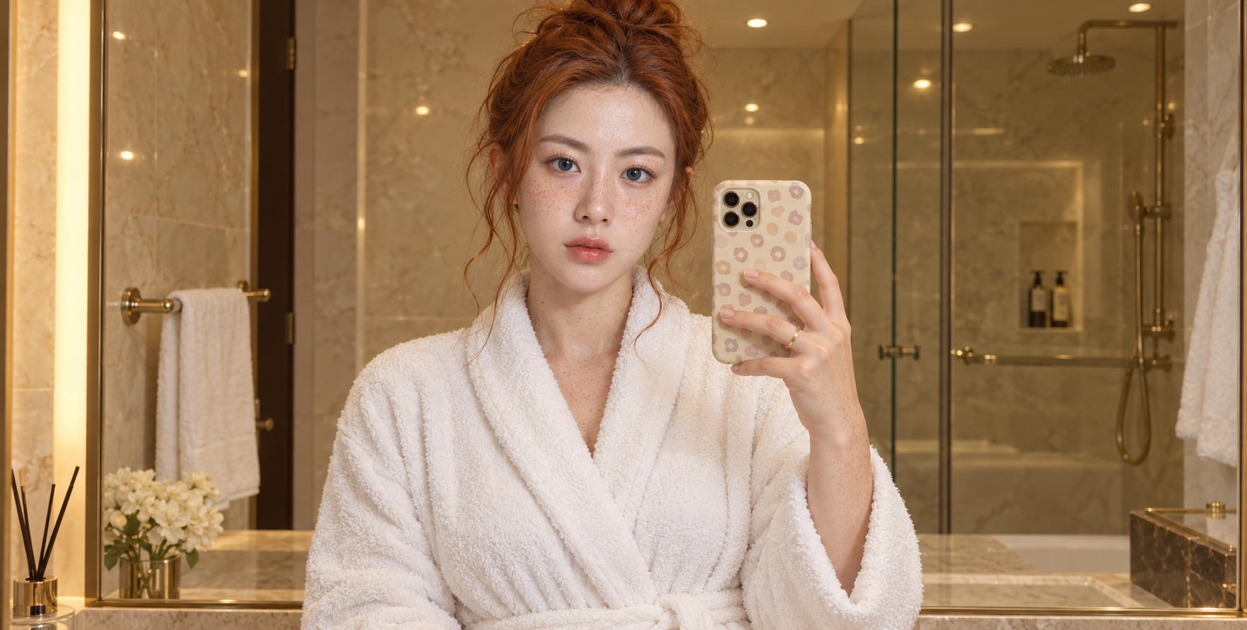 慵懒晨光中的成年红发雀斑女性自拍 — AI image creation
