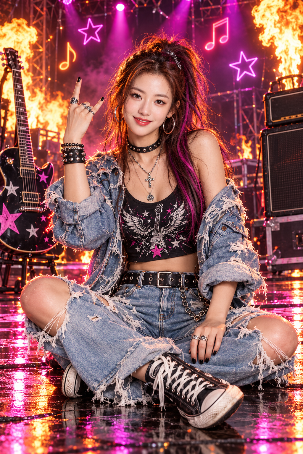 Full-body portrait of an adult woman rocking on a fiery neon stage