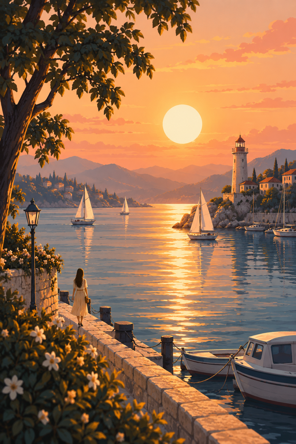 白日暖照下的河畔灯塔与帆船插画 — AI image creation