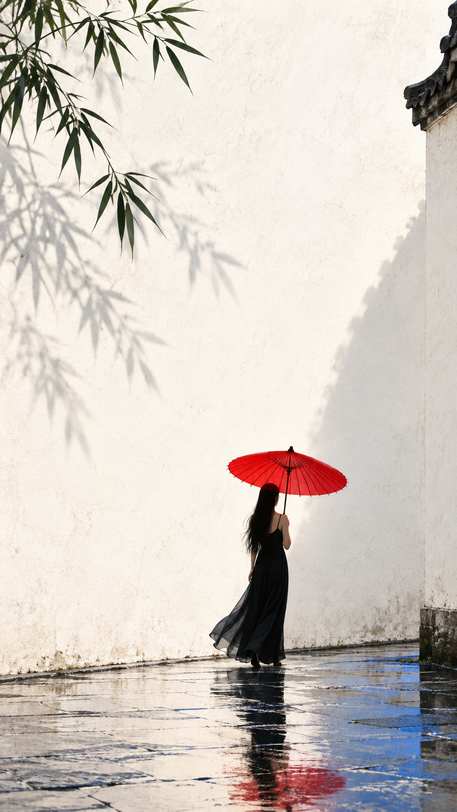 东方禅意极简亮红油纸伞白墙海报 — AI image creation