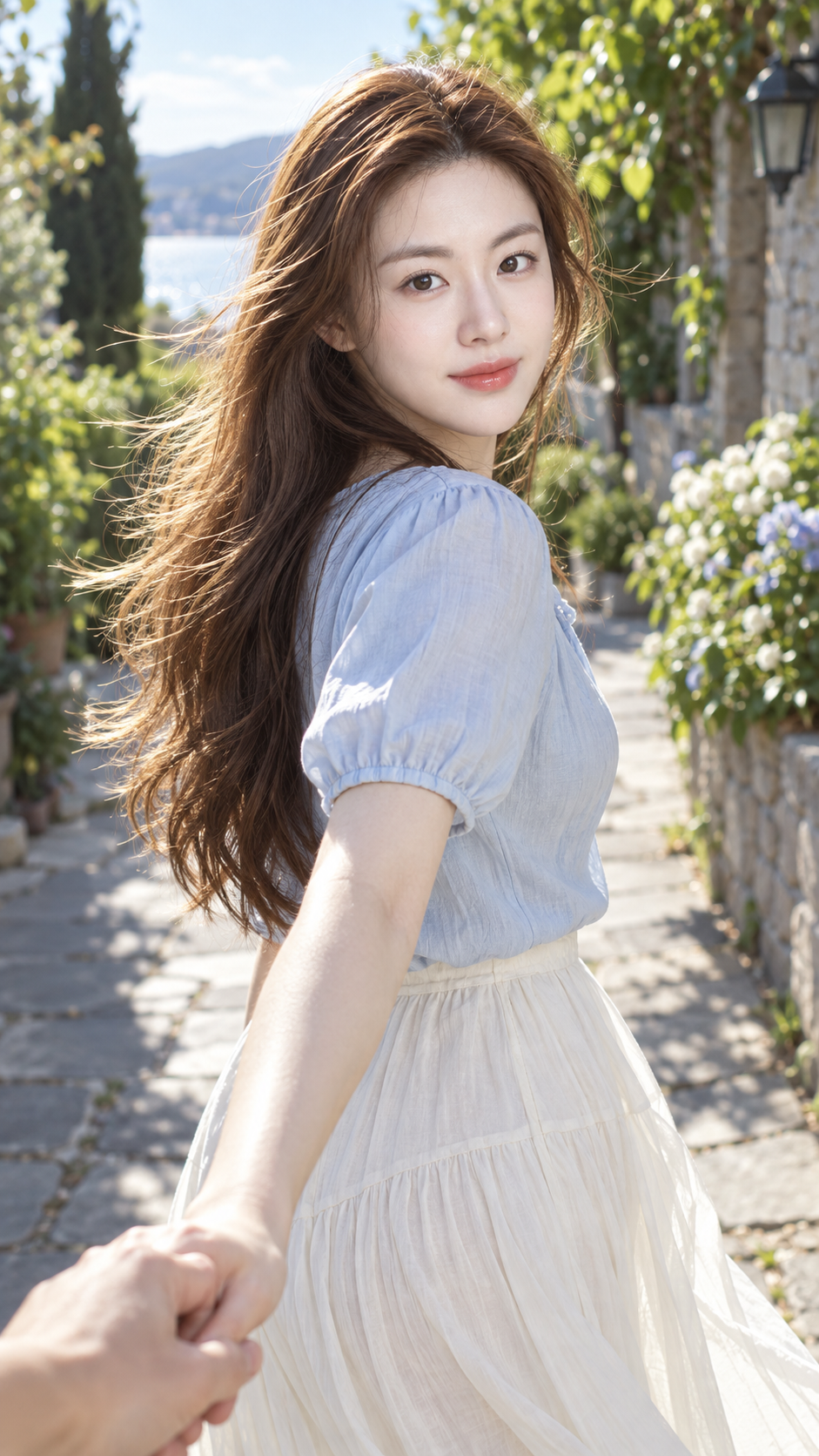 Sunlit Summer Walking Portrait with Windblown Hair — AI image creation