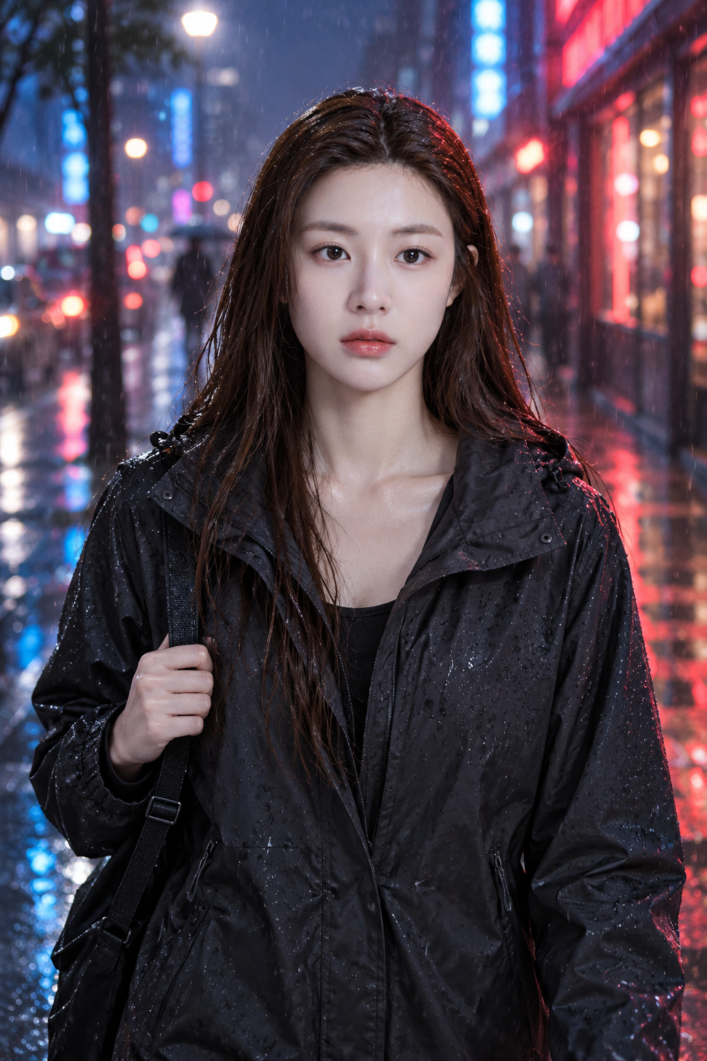 雨夜霓虹街头的电影感人像 — AI image creation