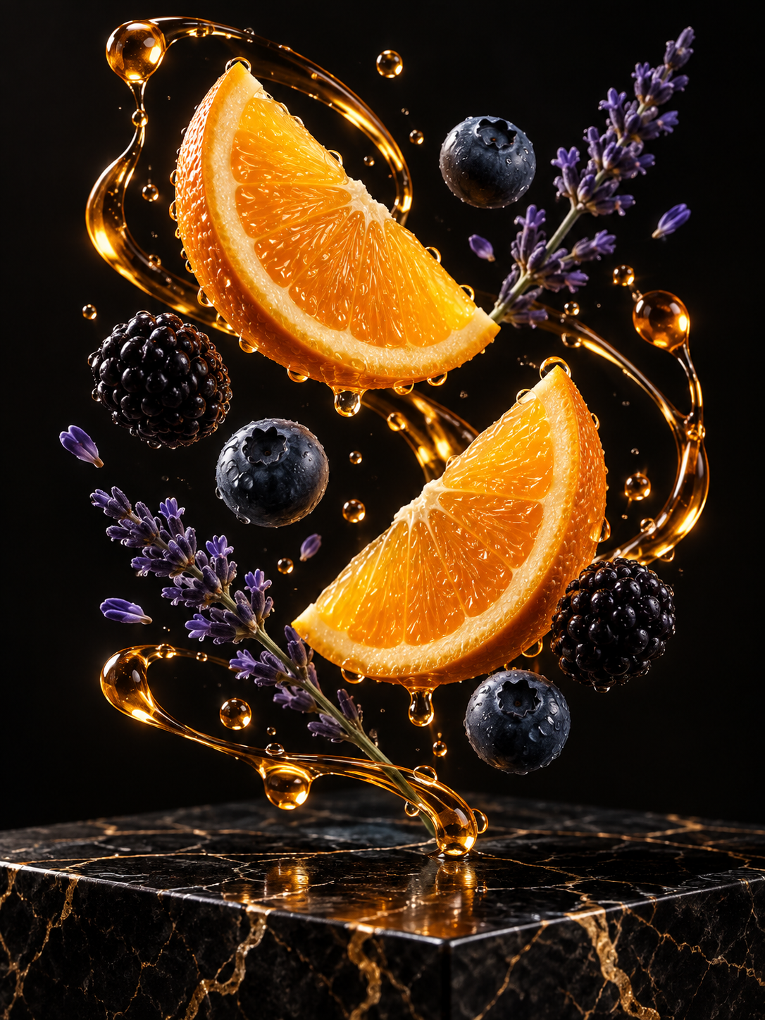 橙片薰衣草琥珀树脂黑金大理石静物 — AI image creation