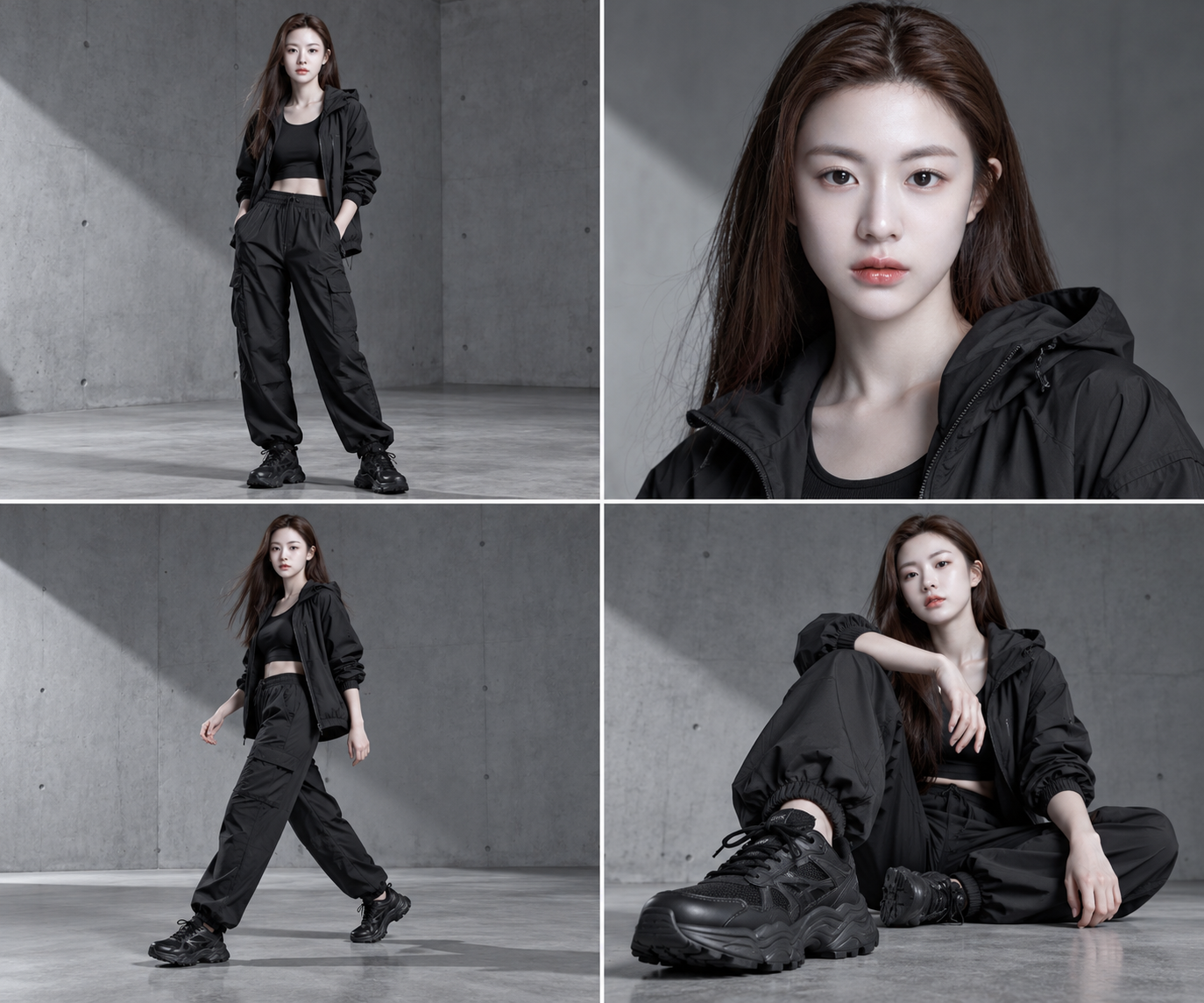 Quảng cáo đồ thể thao streetwear bốn khung trong studio bê tông tối giản