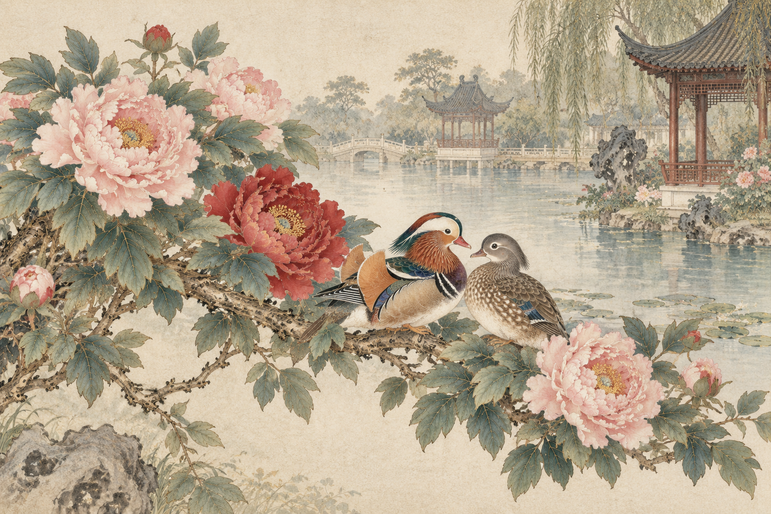 工笔重彩牡丹鸳鸯花鸟画 — AI image creation
