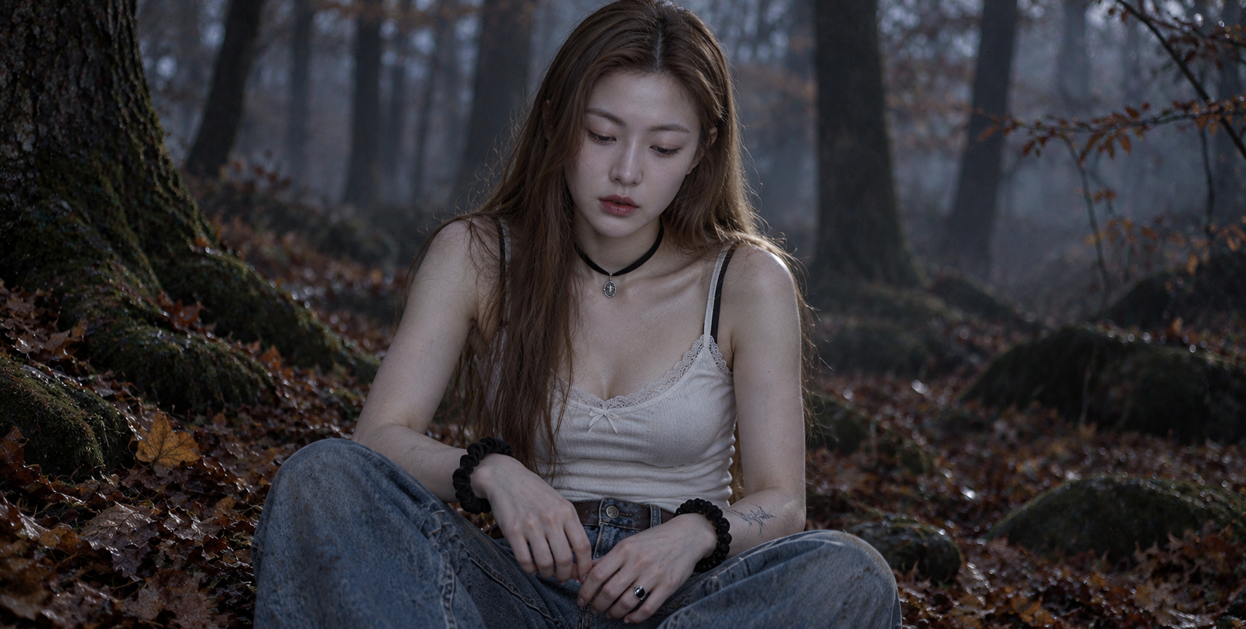 暮色秋林中的成年哥特风女性肖像 — AI image creation