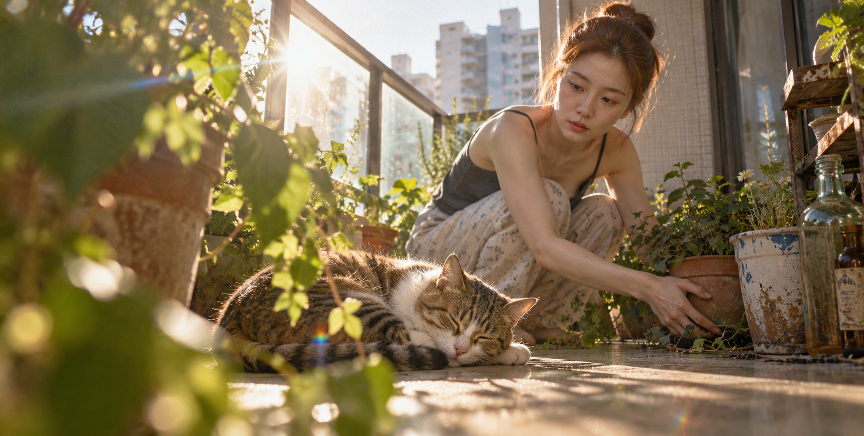清晨狭窄公寓阳台猫与挪动花盆的主人 — AI image creation