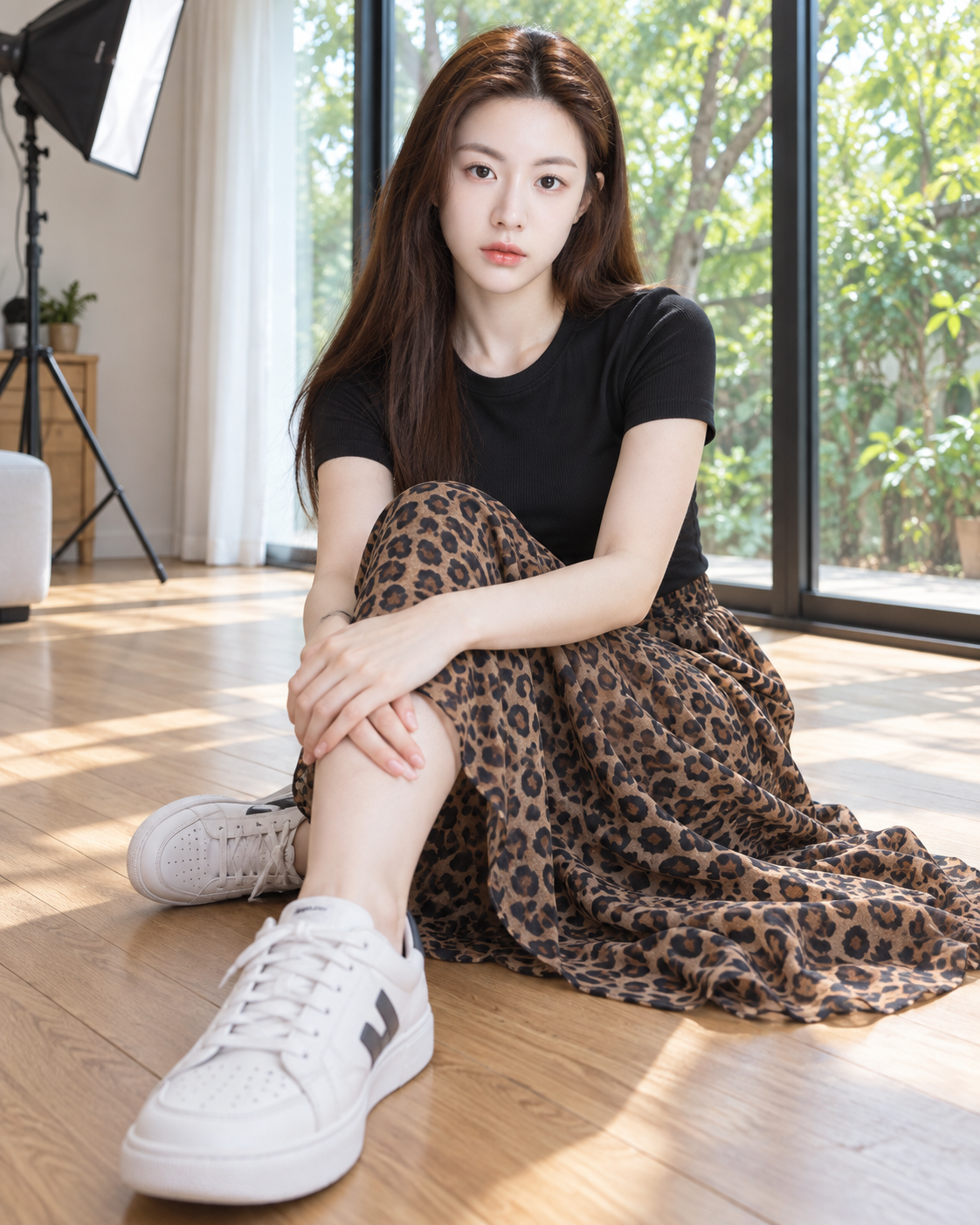 明亮居家空间中的成年女性广角生活肖像 — AI image creation