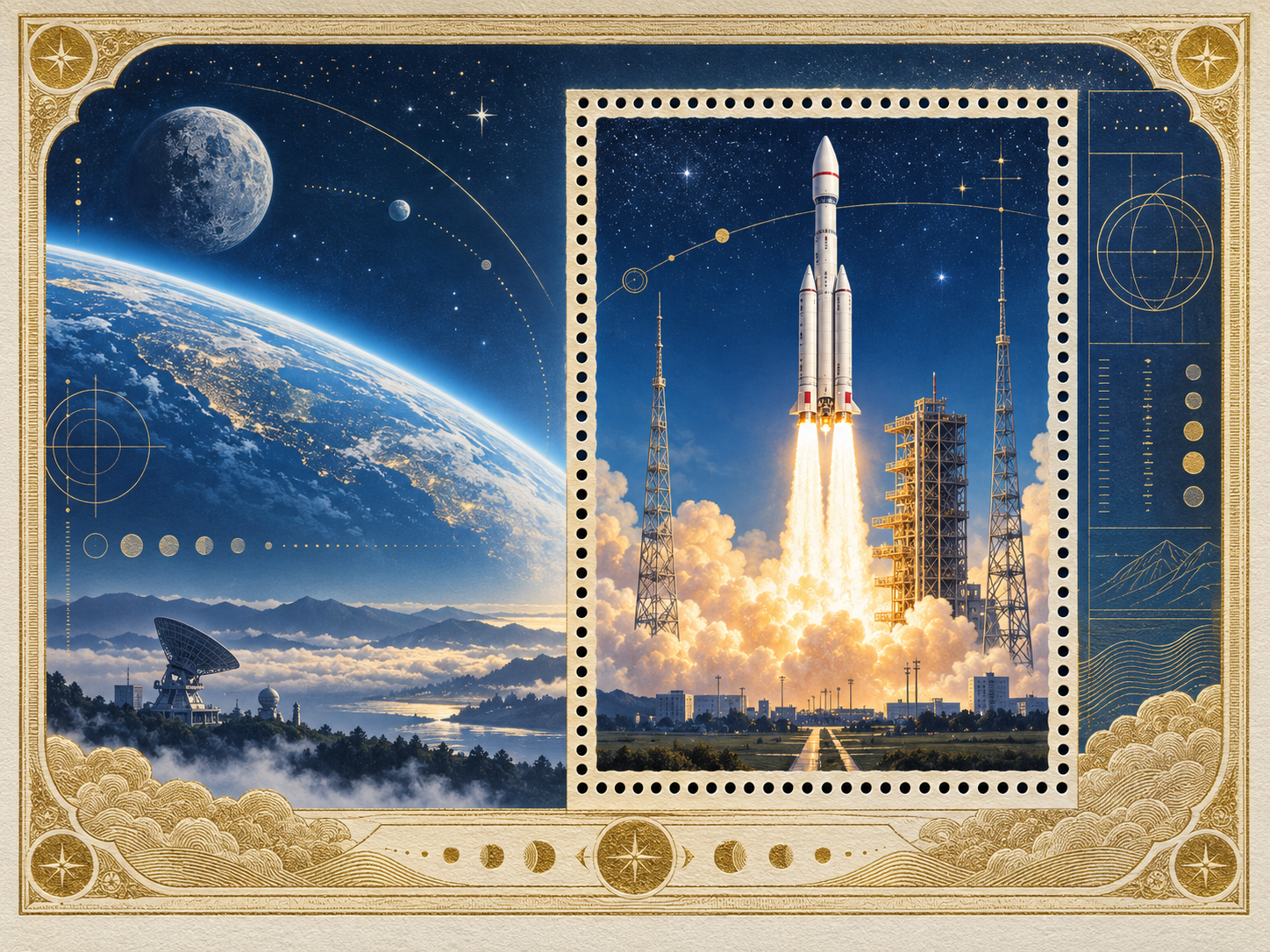 中国航天纪念烫金邮票 — AI image creation