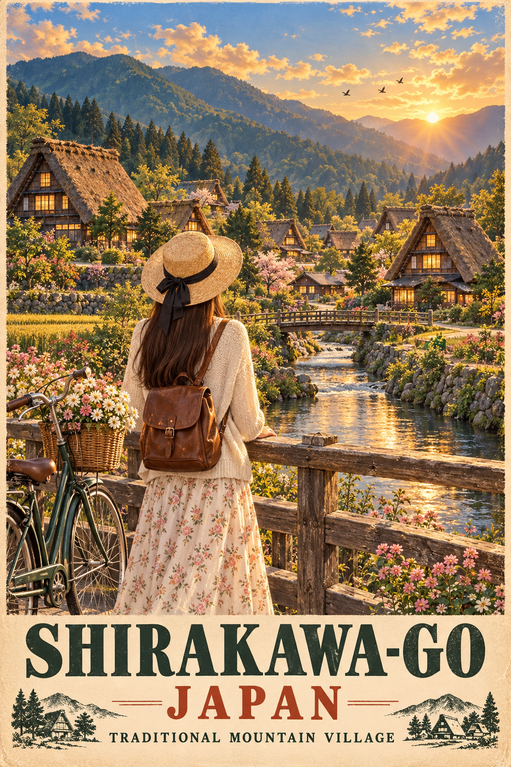 白川乡金色时刻复古旅行海报 — AI image creation