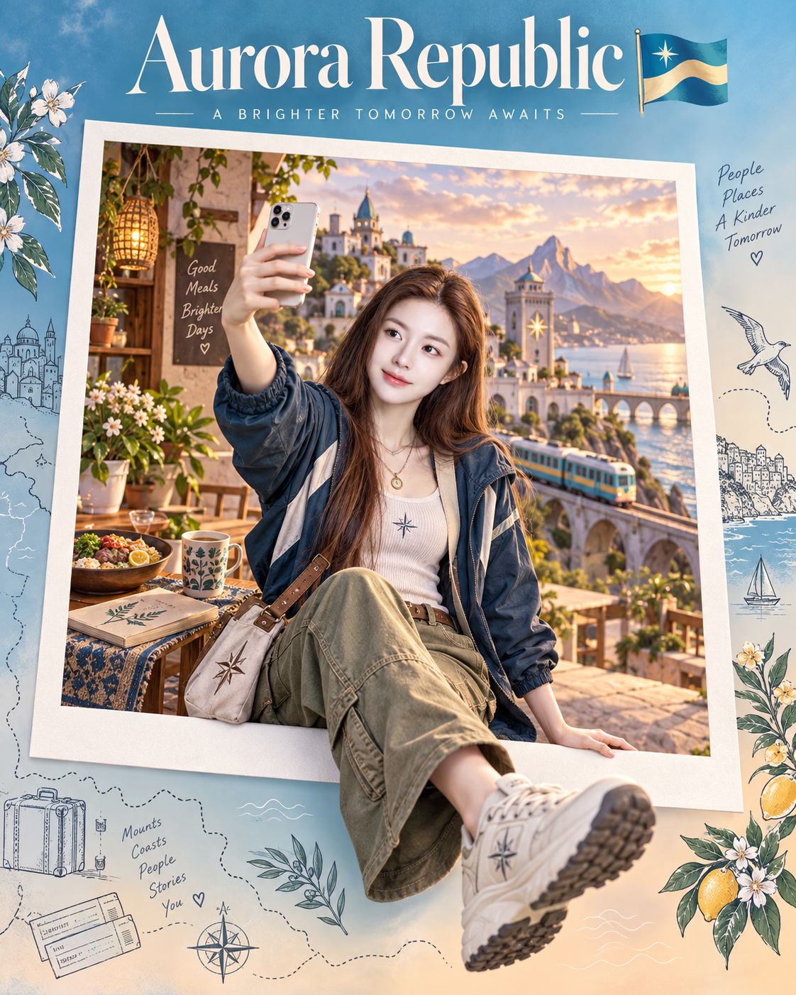 Fictional country instant-photo travel souvenir poster — AI image creation