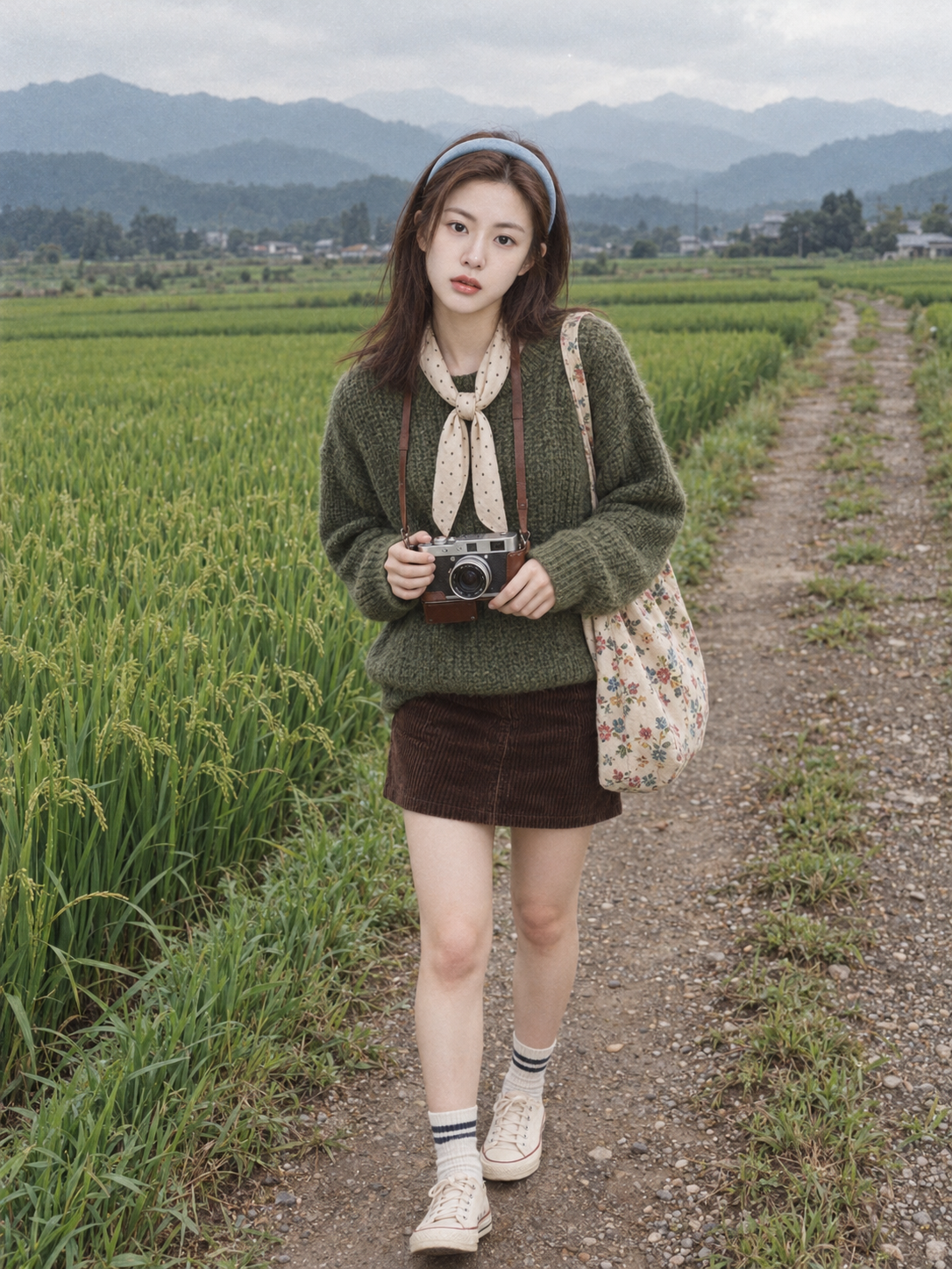 稻田路径上的成年东亚女性胶片人像 — AI image creation