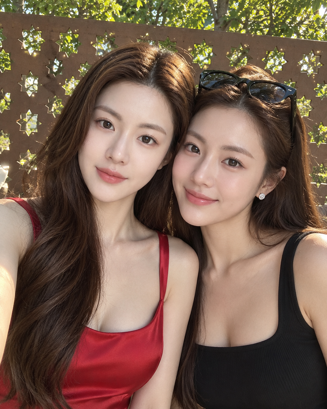 Ảnh selfie cận mặt bạn bè với sắc đỏ đen