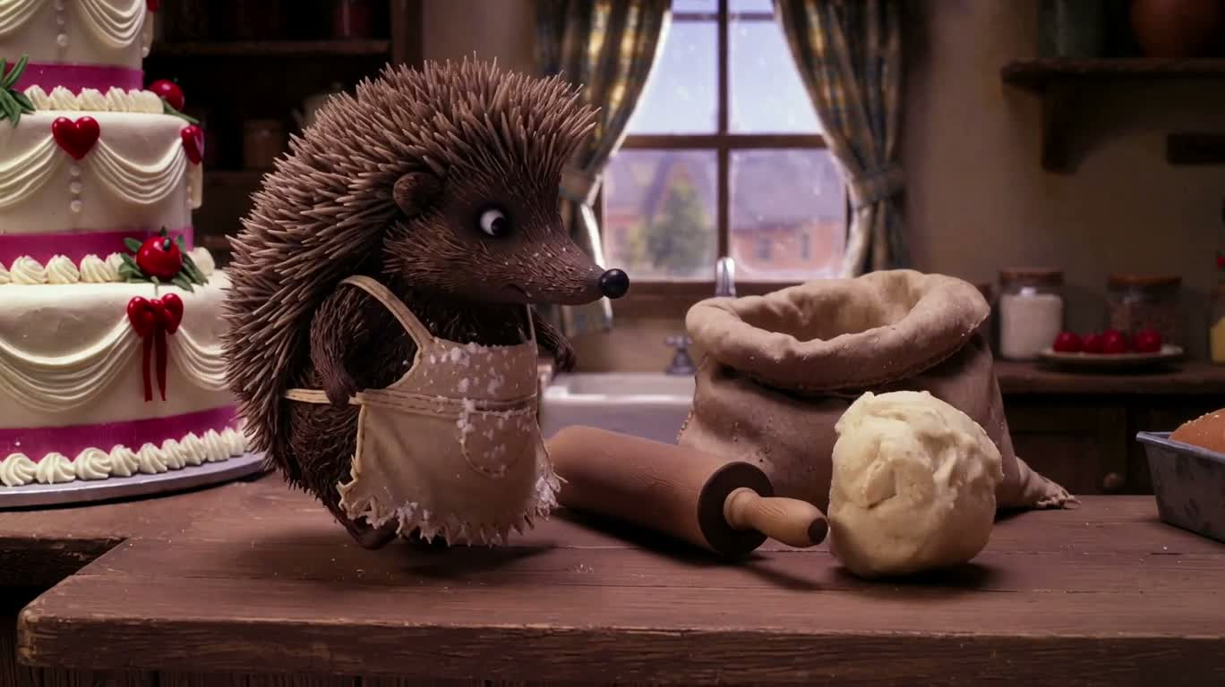 粘土のハリネズミのパン職人が生地を追いかける — AI video creation