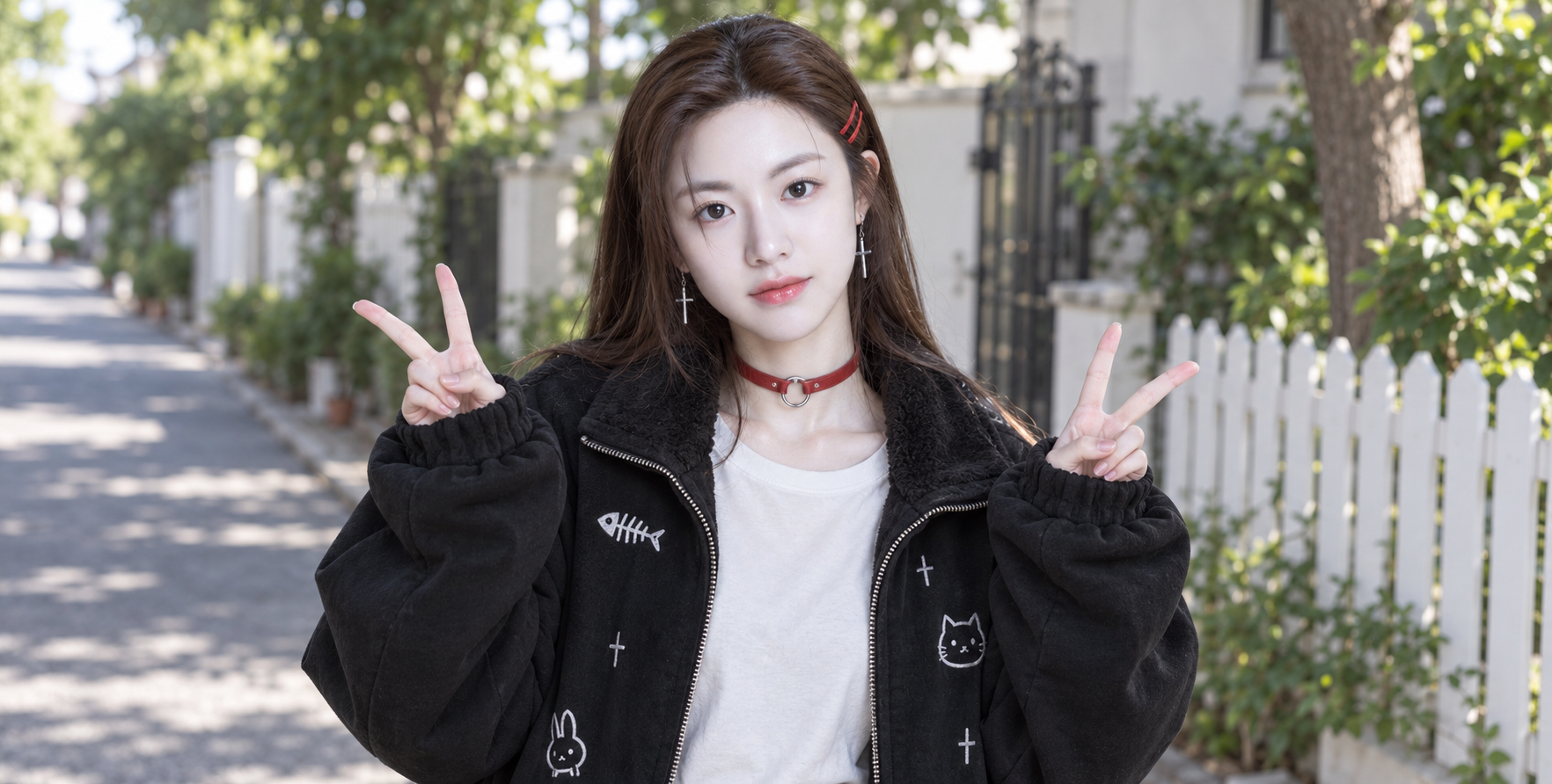 주택가 흰 울타리 앞 성인 빨간 모자 코스프레
