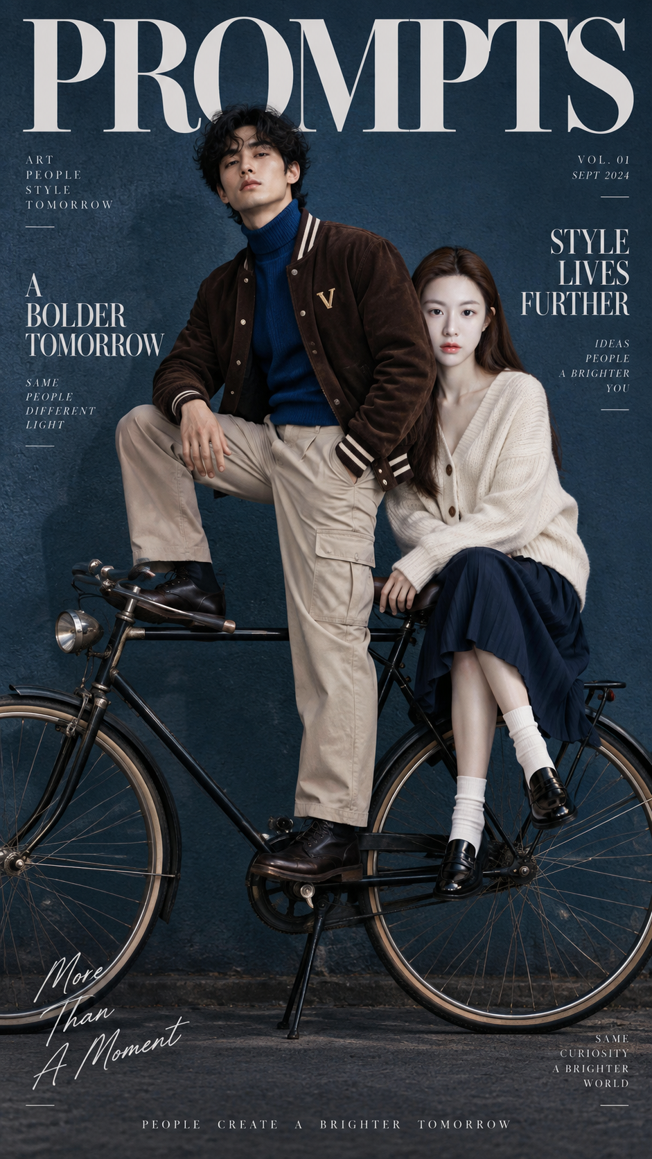 电影感时尚杂志封面复古自行车与青年 — AI image creation