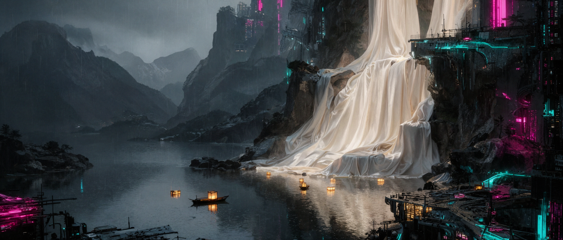 Silk Waterfall · Cyber Nightscape — AI image creation
