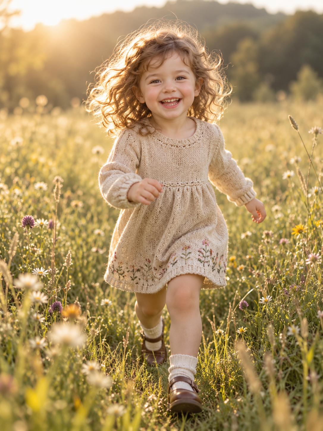 阳光草甸奔跑的欢乐幼童 — AI image creation