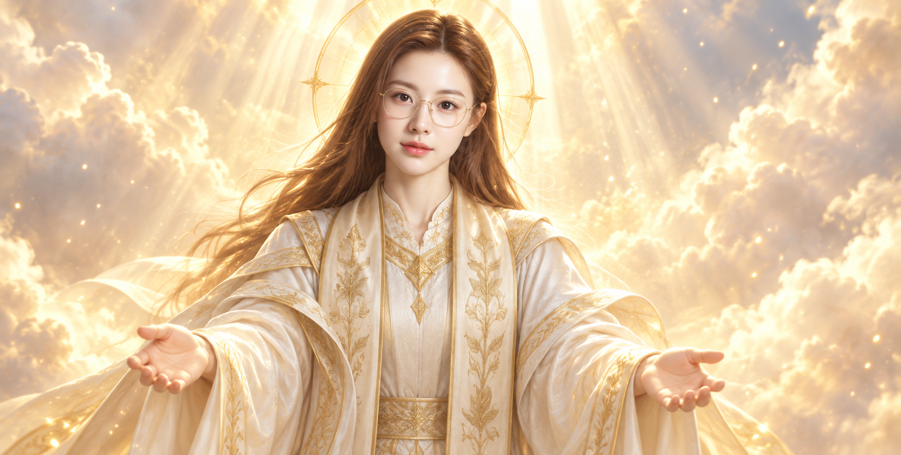 暖金疗愈光芒中的眼镜圣洁形象 — AI image creation