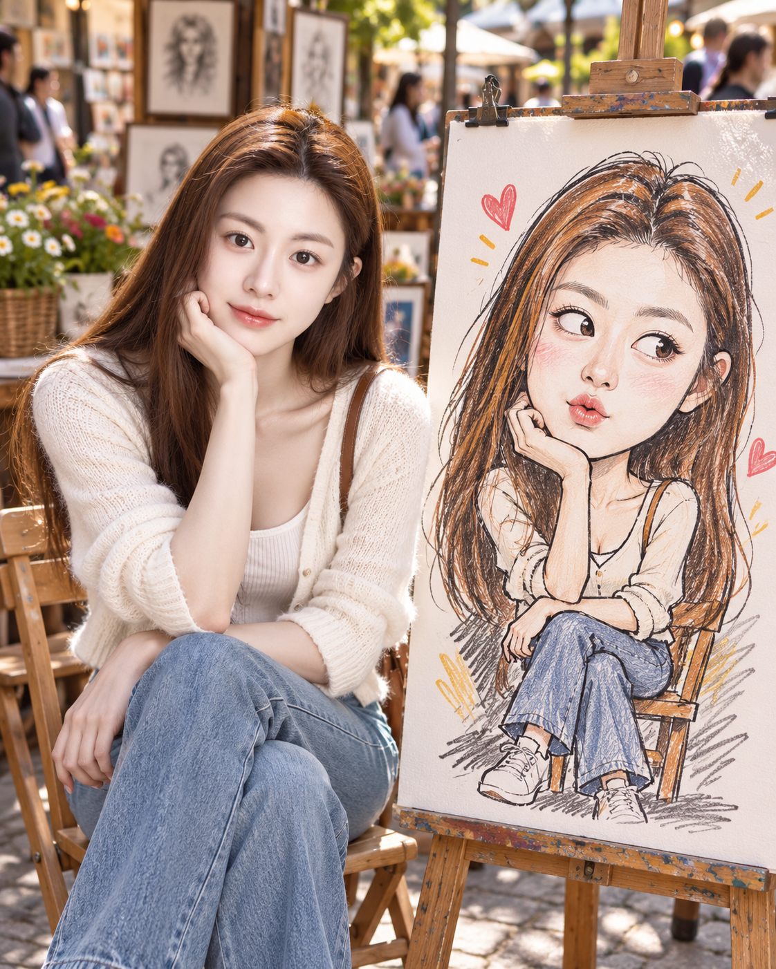 街头艺术市集中的真人肖像与定制夸张漫画 — AI image creation