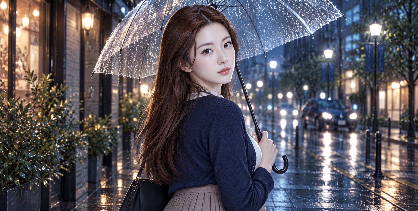 雨夜街头透明伞下的成年女性回眸 — AI image creation