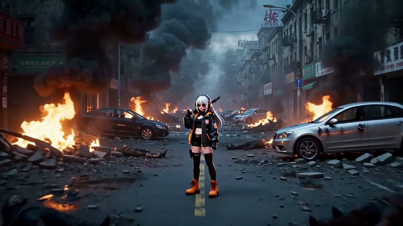 废墟中的霰弹枪少女 — AI video creation