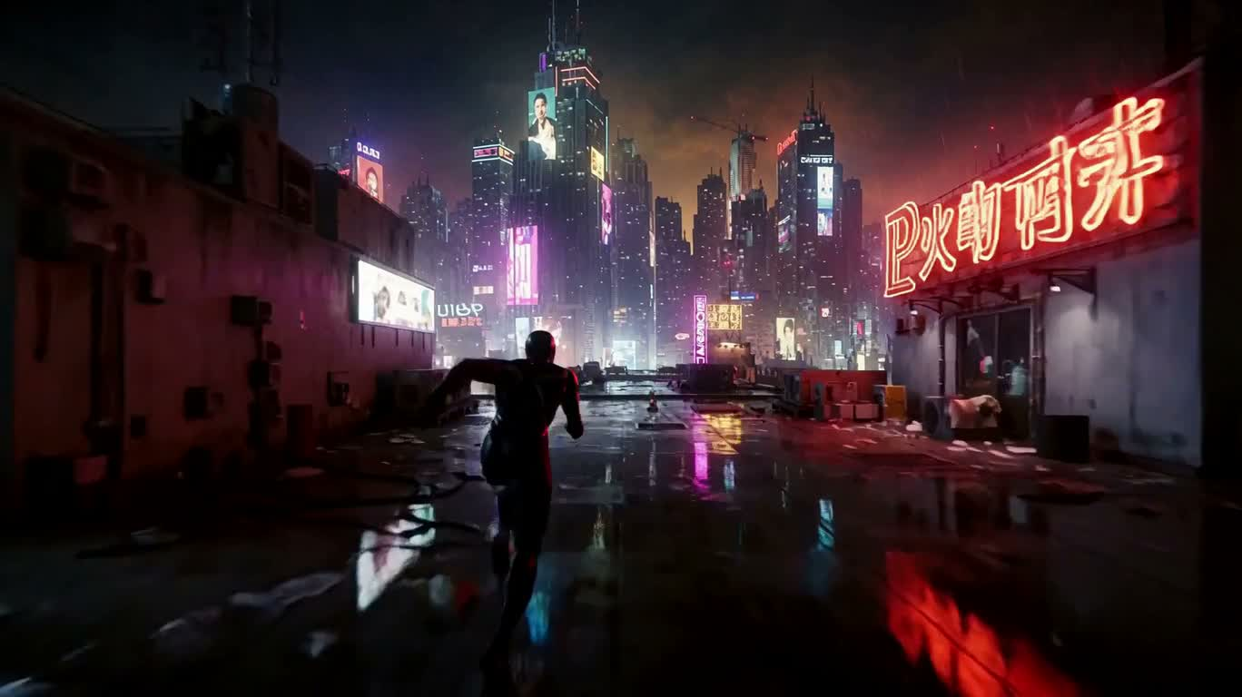 霓虹危城屋顶飞跃 — AI video creation
