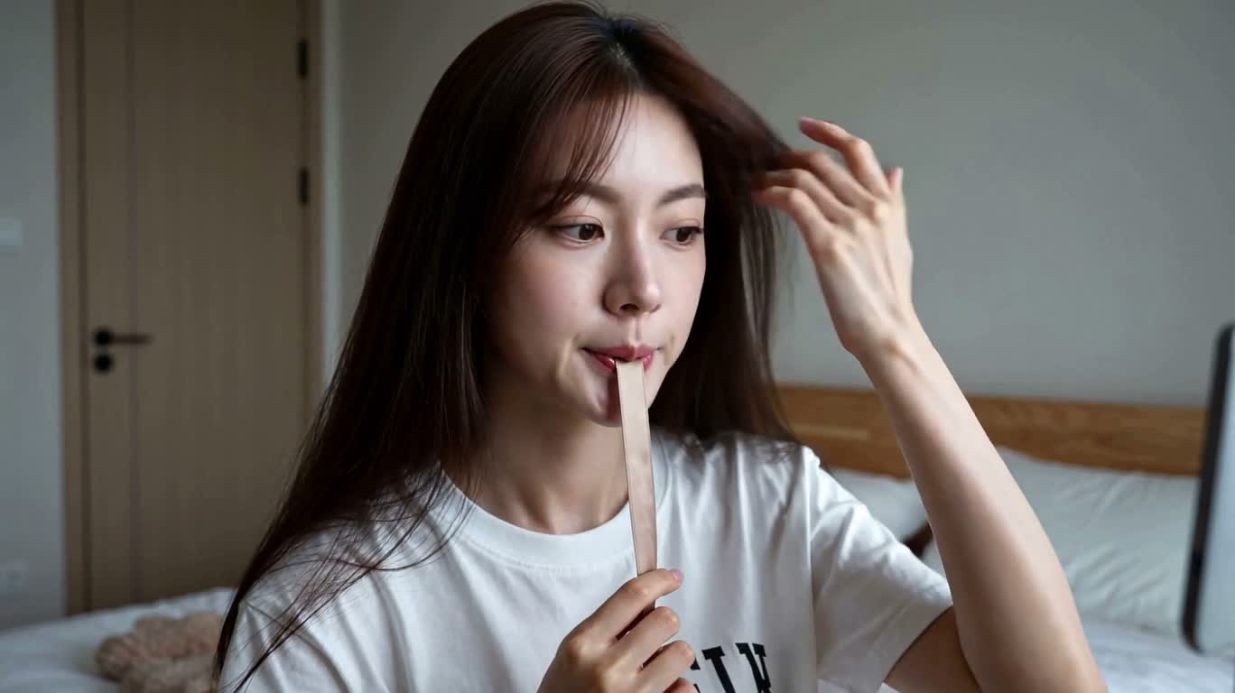 머리카락을 살며시 만지는 장난스러운 순간