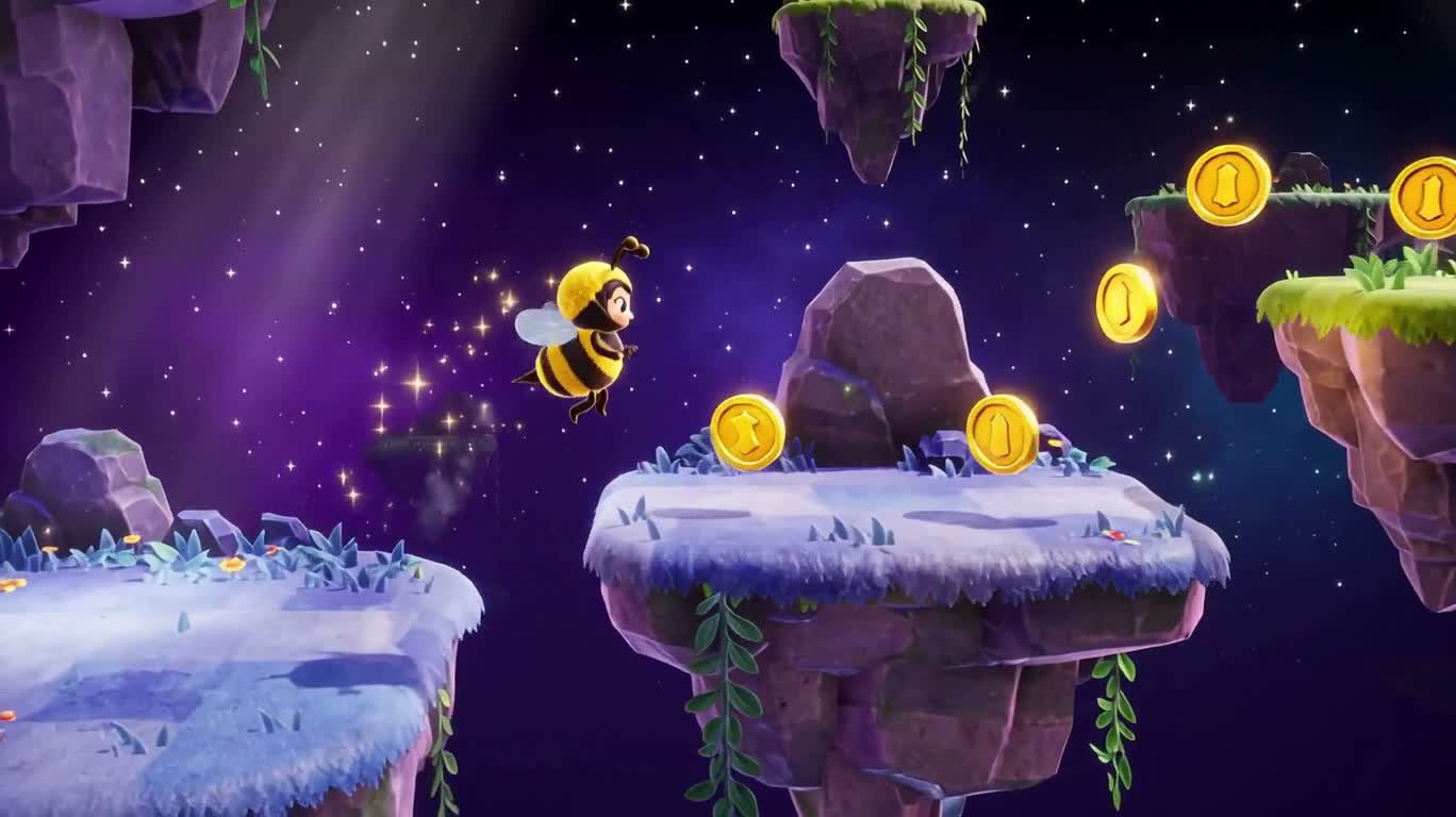 マヤの蜂が星空の島を跳んでコインを探す — AI video prompt