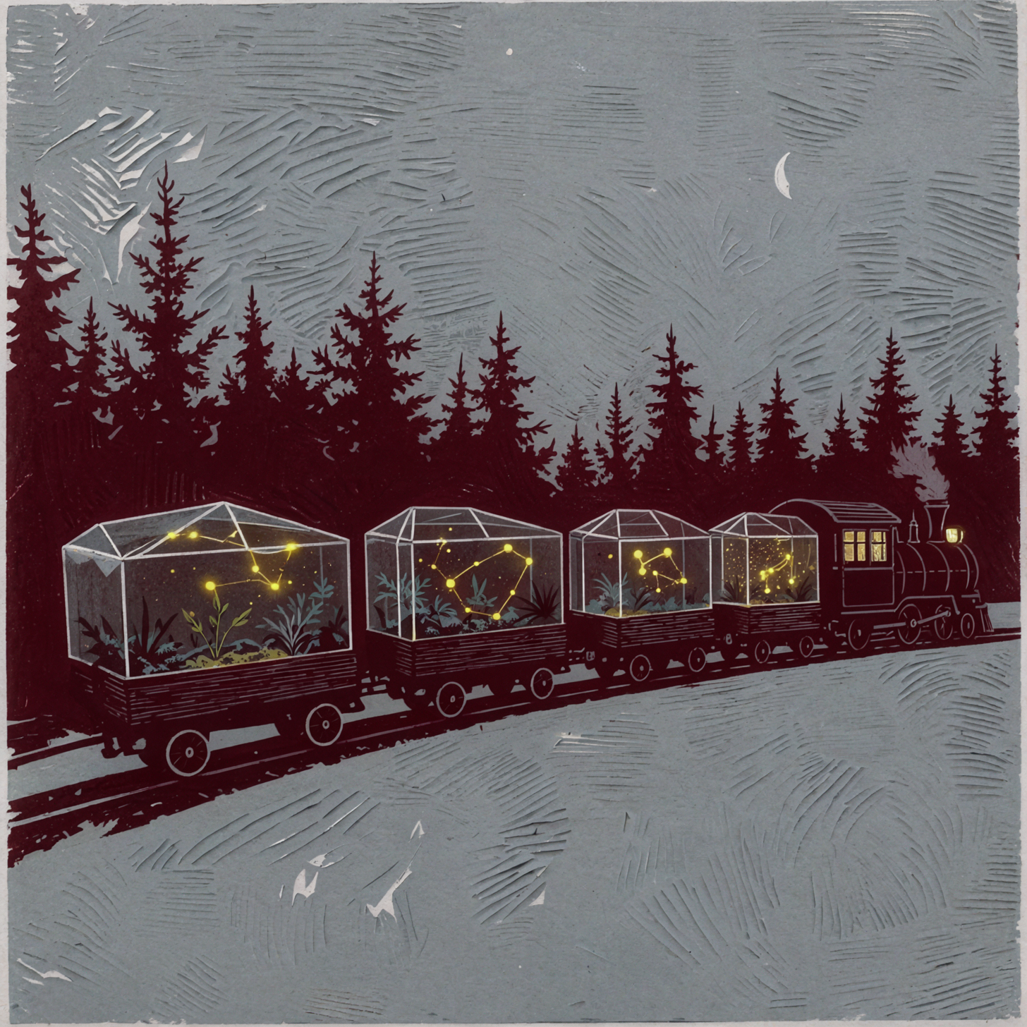 Train des lucioles · estampe en aplats