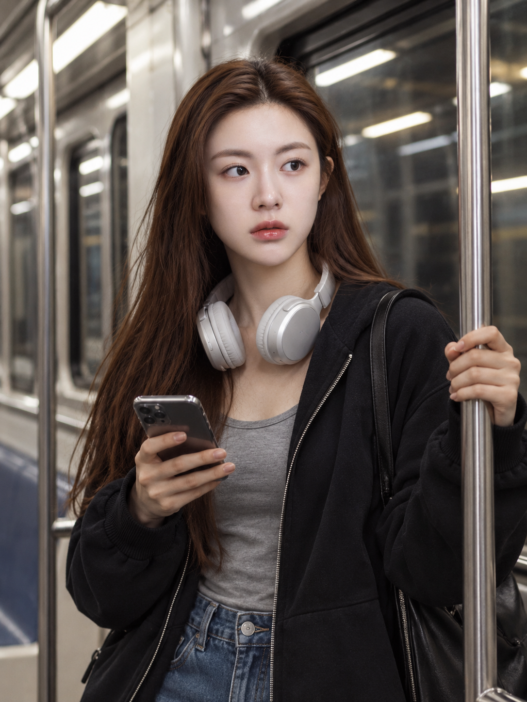 서울 지하철 객실 속 성인 여성의 스트리트 다큐멘터리 인물 사진