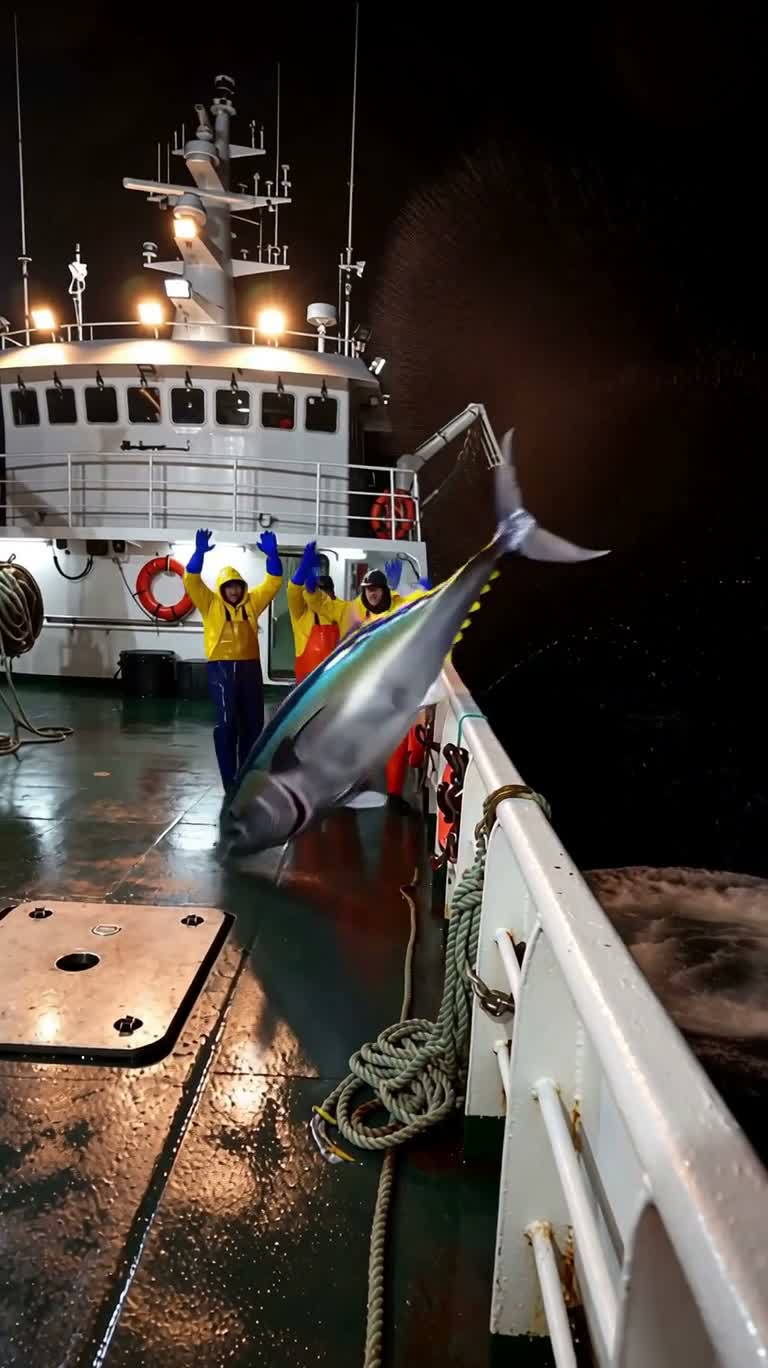 Ночное море: тунец прыгает у лодки, акула приближается