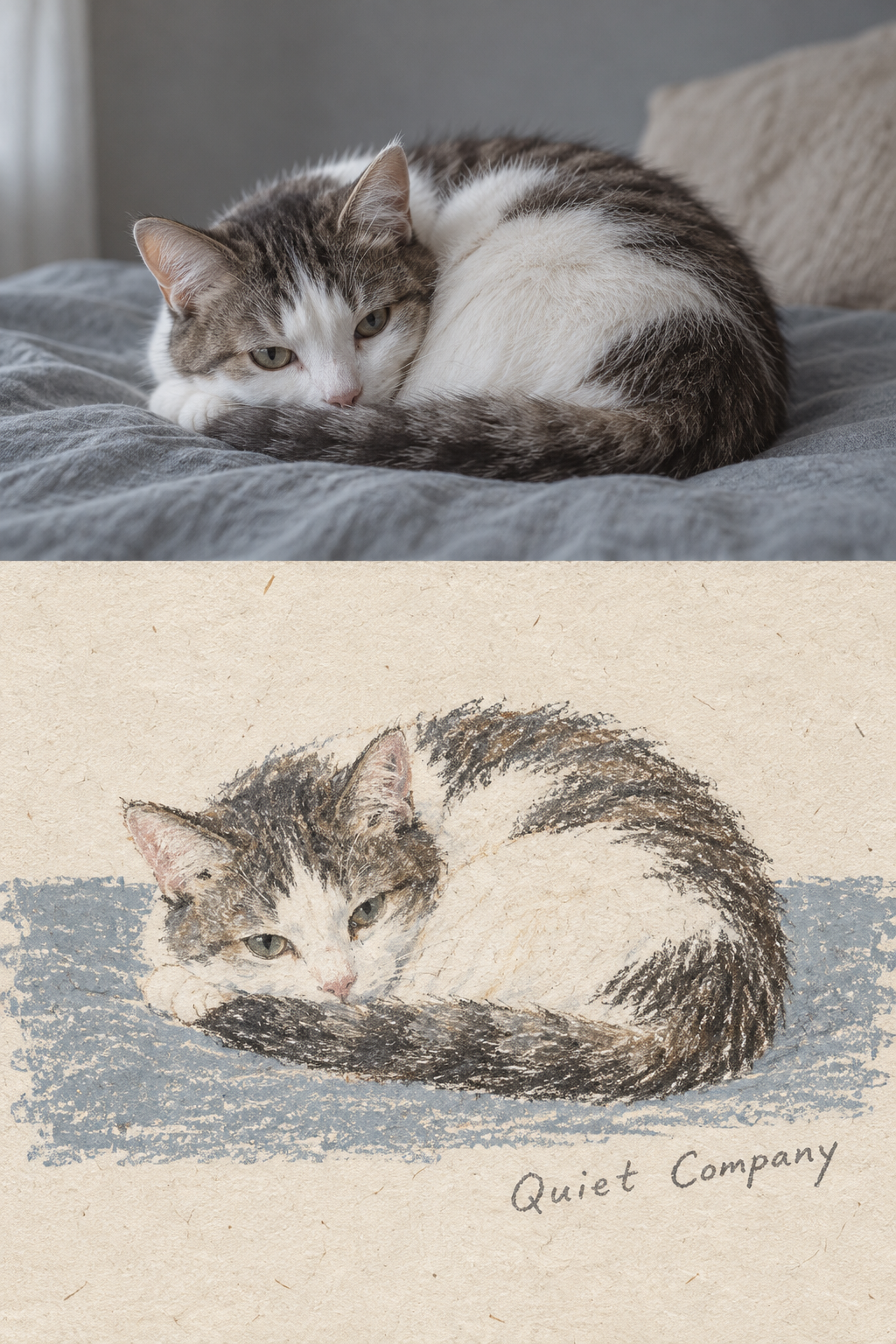 丸まる猫の写実写真とクレヨン手描きの組み合わせ