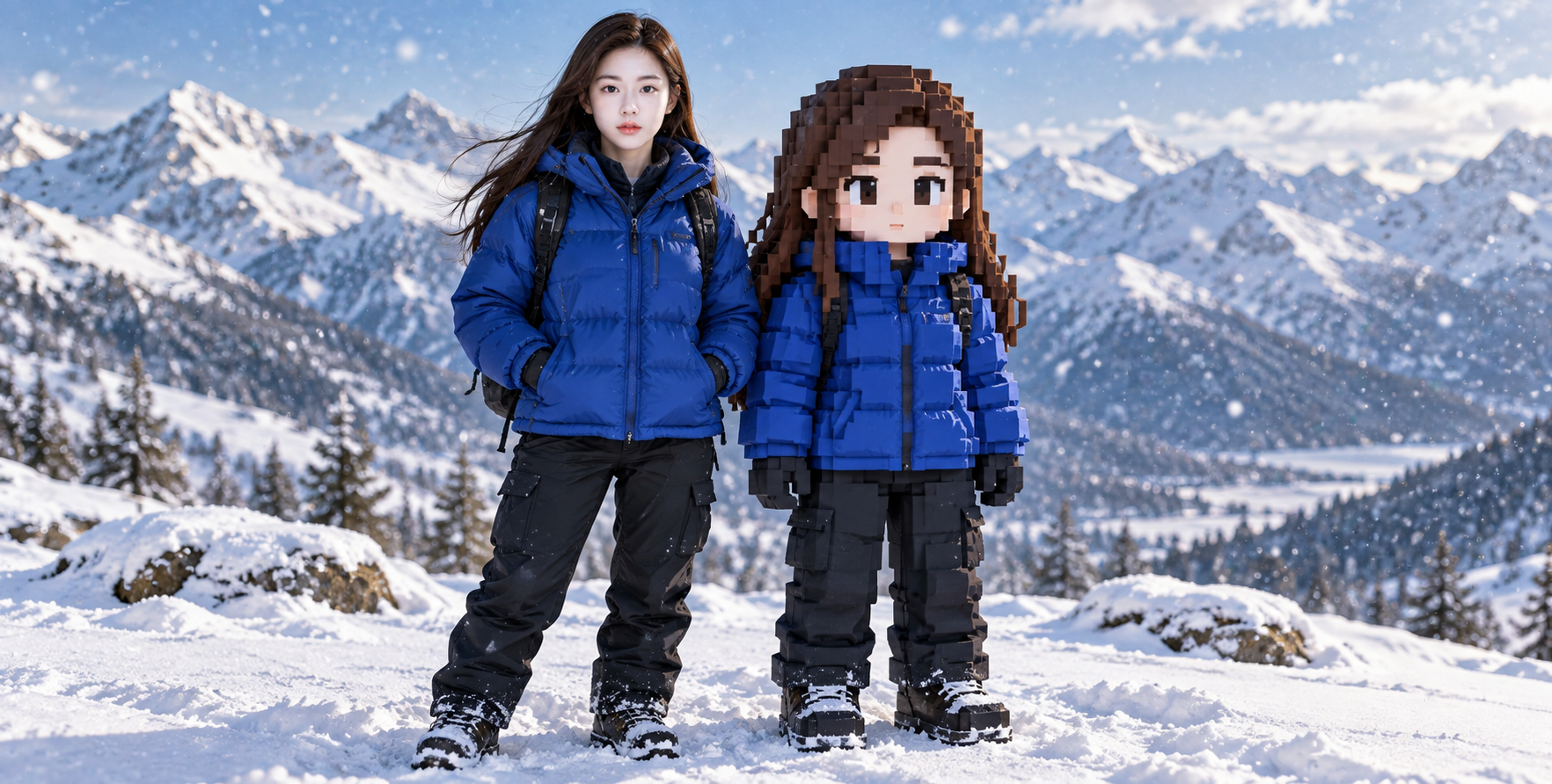 雪山中的真人与原创体素分身 — AI image creation