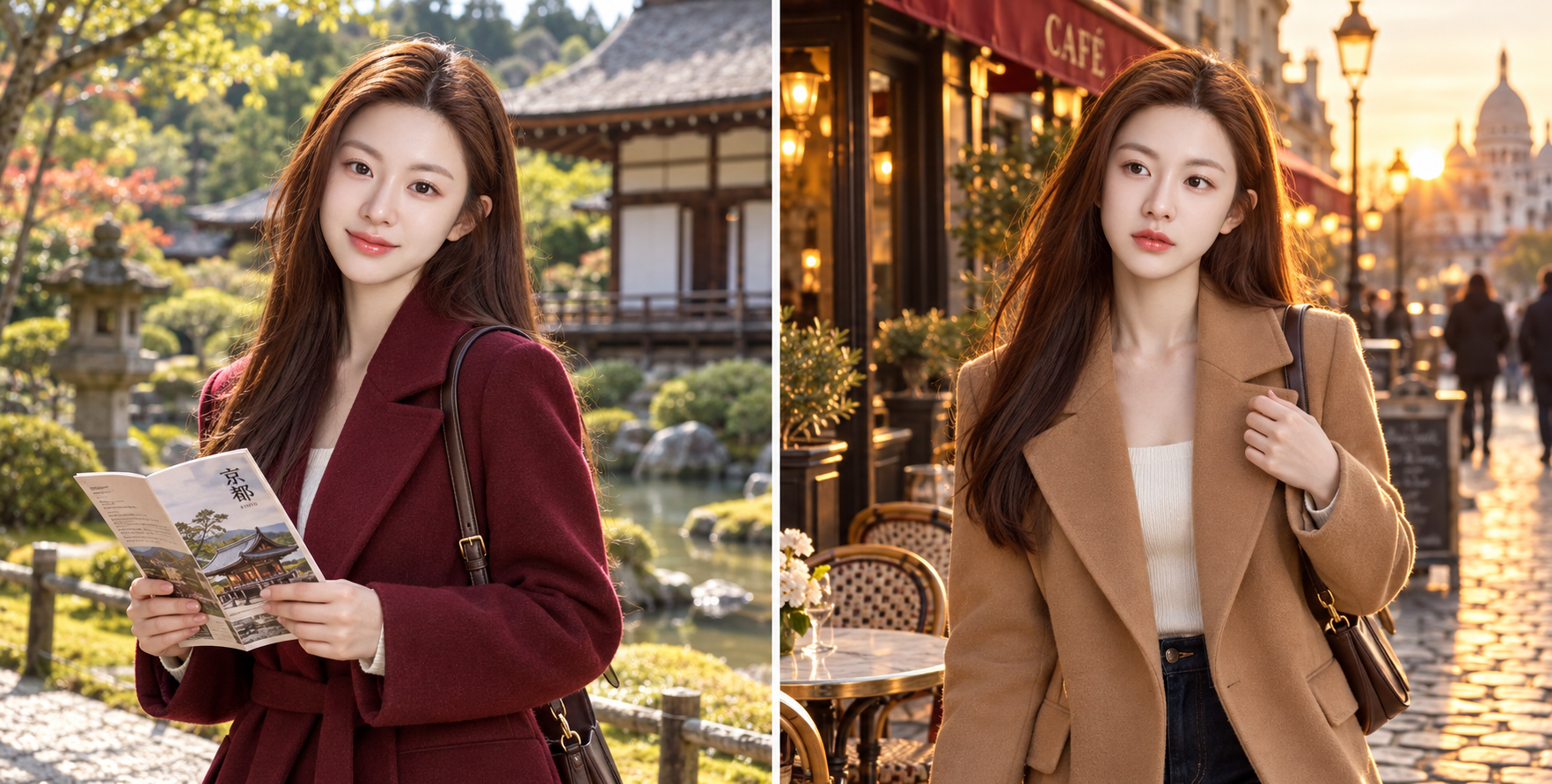 Same Woman: Japanese Garden vs. European Café Coat Comparison — AI image prompt