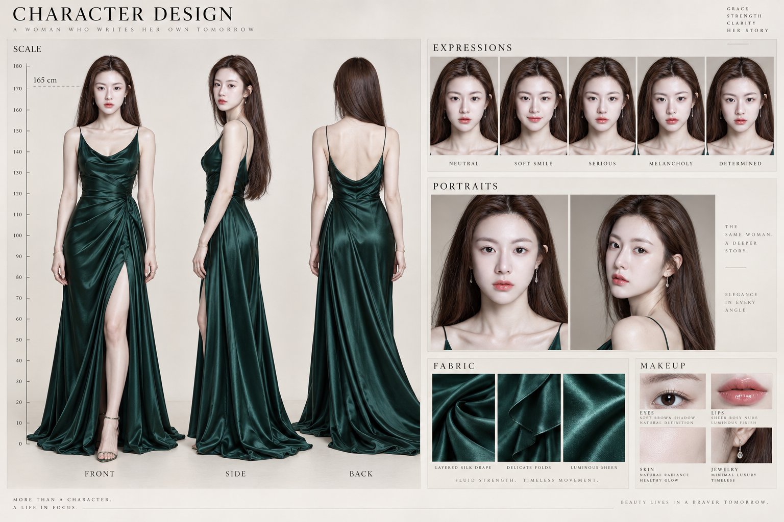 电影感高级剧集女主角角色设计板 — AI image creation