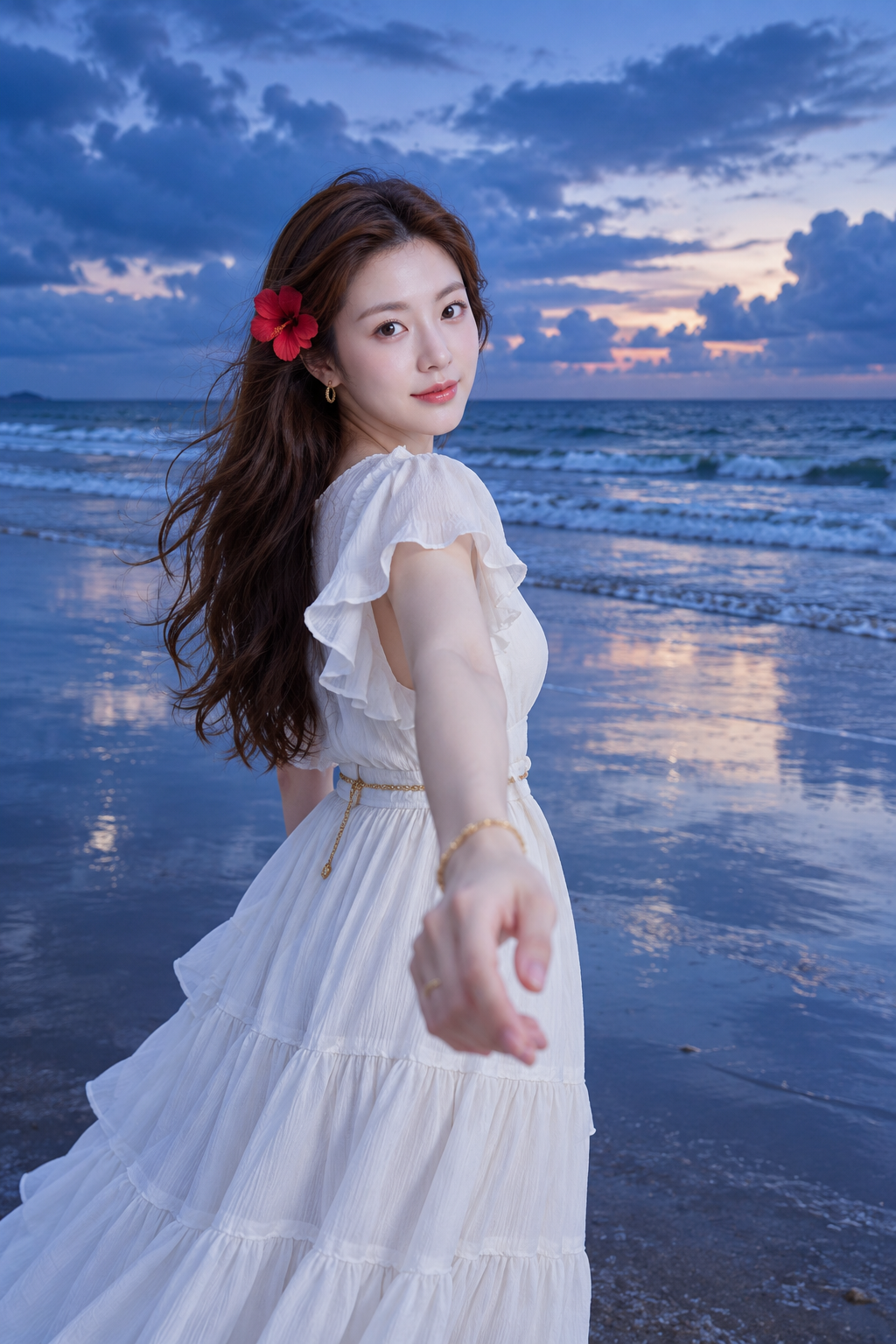 暮色海滩白裙成年女性的深情回眸 — AI image creation