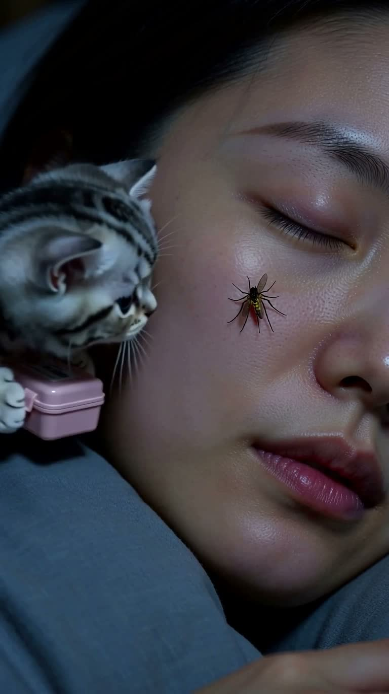 熟睡脸颊上的迷你猫咪护理师