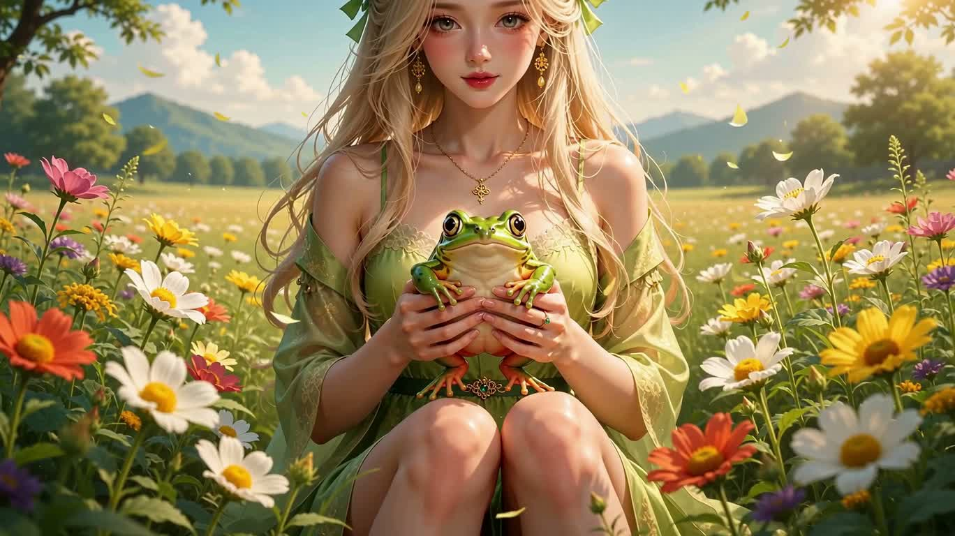 花海中的绿蛙少女 — AI video creation