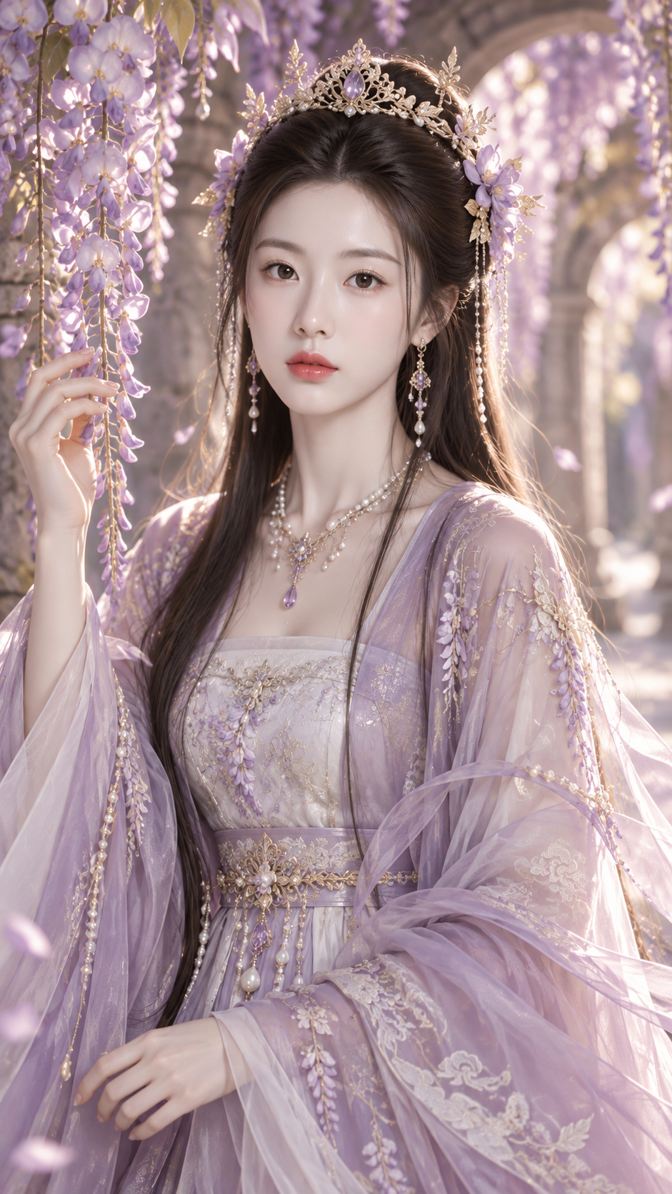 唐风幻想暖雾紫纱裙成年角色肖像 — AI image creation