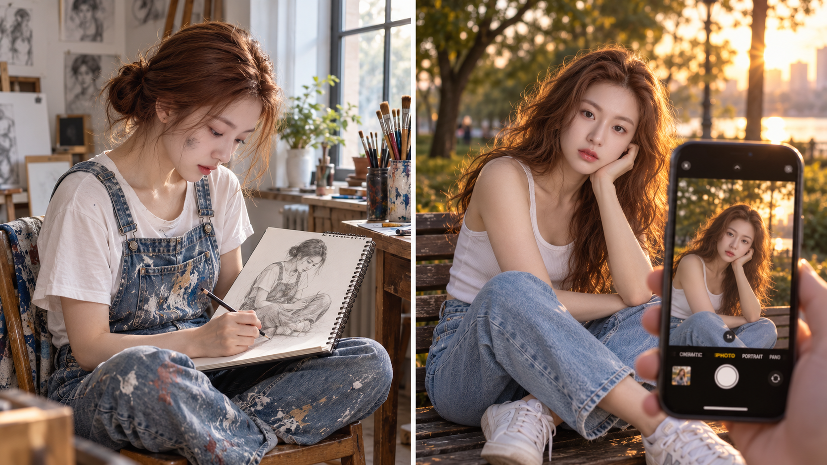 电影感双定格:画笔自画像与黄昏手机 — AI image creation