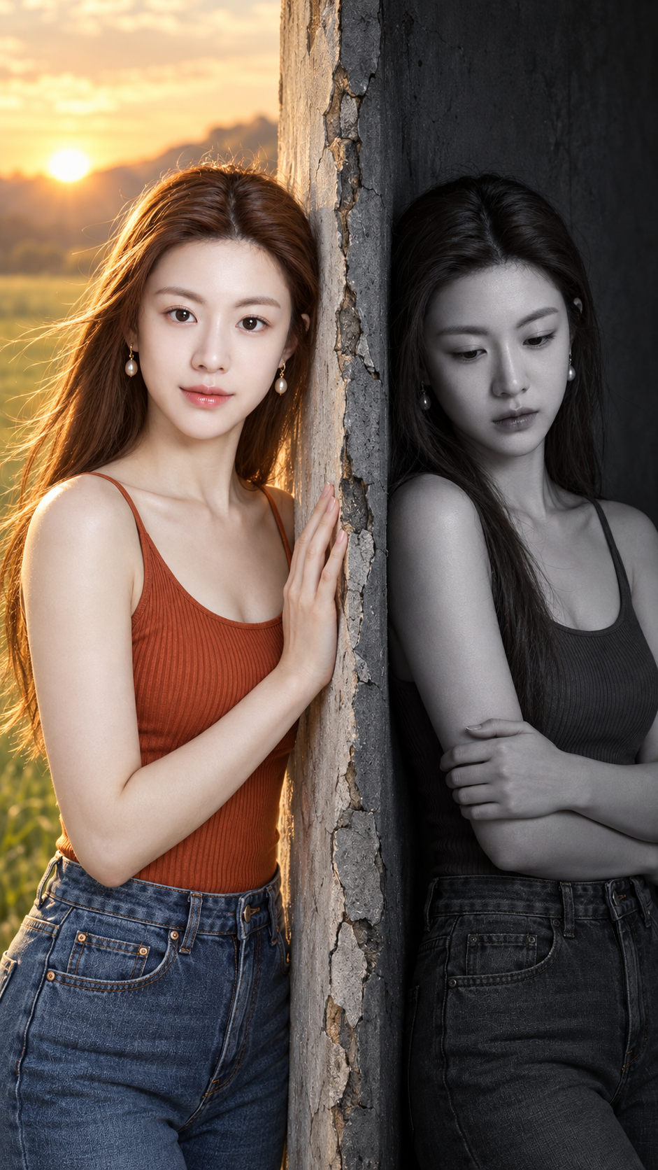 破墙两侧的希望与沉静双重意境人像 — AI image creation